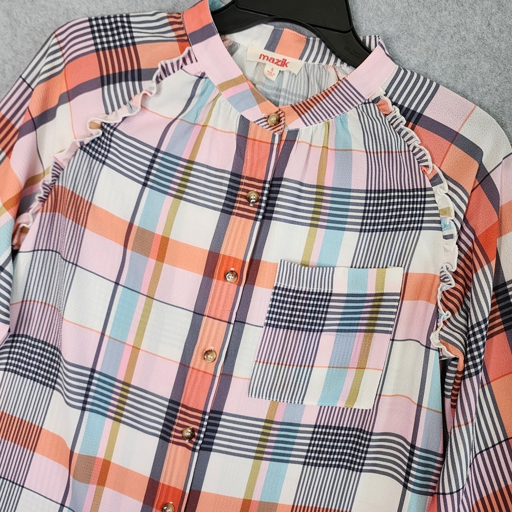 Mazik Plaid Blouse Womens Small Multicolor Ruffle Shoulder Button Front Top Boho